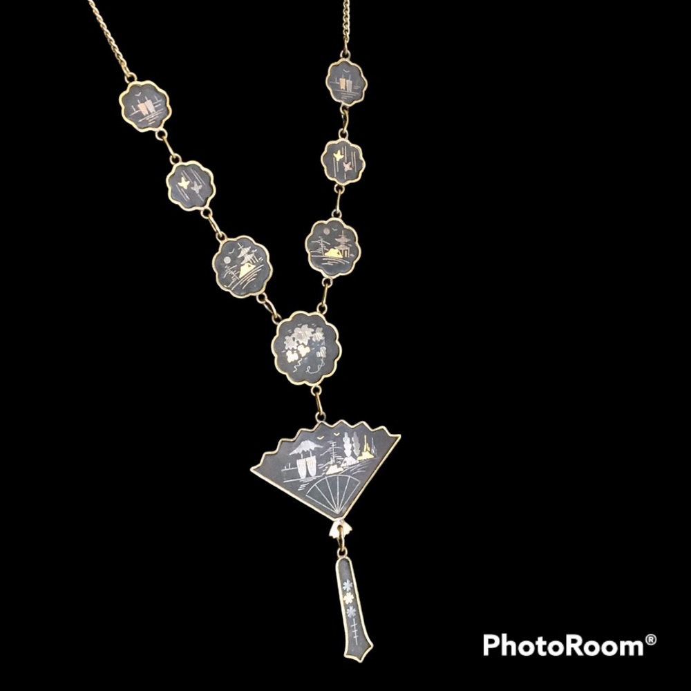 Japanese Damascene Necklace Vintage Gold Steel Silver Boho Statement 24k Black